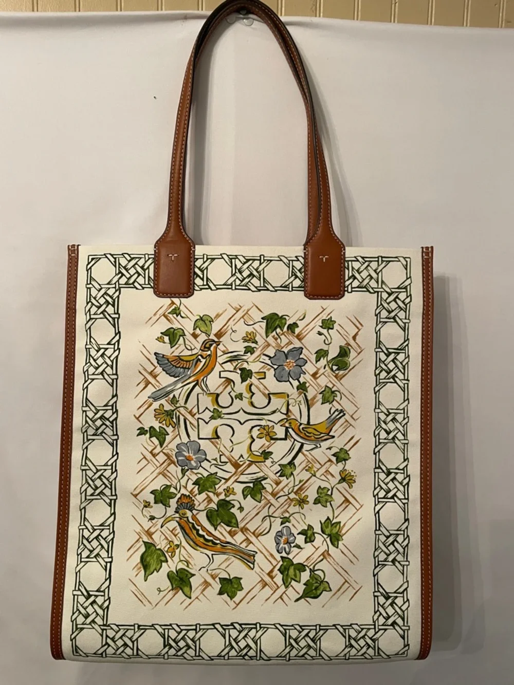 Tory Burch Ella Floral & Bird Canvas Tote cream with Brown‎ Trim